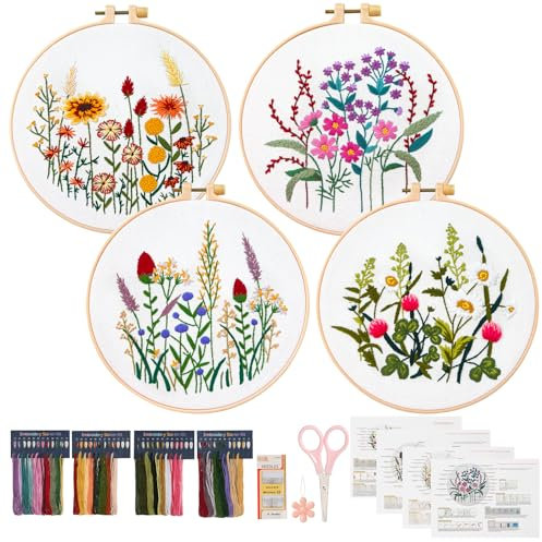 ASTNIC Stick set für Anfänger, 4 Sets Blumenmuster Pflanzen Stickerei set mit Reifen für DIY Kunst, Handwerk Anleitung und Werkzeug,stickset erwachsene anfänger (Blume, 4 Stück)