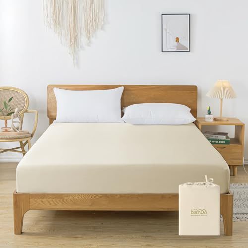 bienDo Drap Housse 140x200, Literie Bambou-Soie Végétale, Beige, 35CM Grand Bonnet pour Matelas Epais, 2 Personnes, Doux, Soyeux et Rafraîchissant
