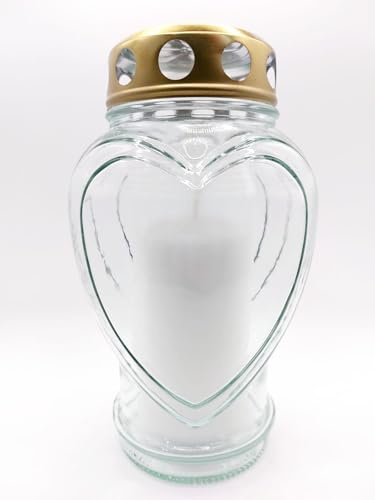 meytrade Grablampe mit Kerze Premium Glaß Weiss Trauerlicht Gedenklicht Grabschmuck für Friedhof Herzform 18x10cm, Herzmey002