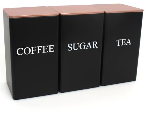 BEVKAF Tea Coffee Sugar Canisters, 1000ML 3 Piece of Metal Canister Storage Jar Container Set With Airtight Lid (Black-Rose gold)