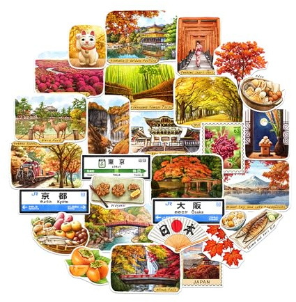 Navy Peony Herbst in Japan Reisesticker (28 Stück) - Aquarell, Japanischer Ahorn, Herbstlaub-Themenurlaub Aufkleber für Tagebücher, Scrapbooks, Becher