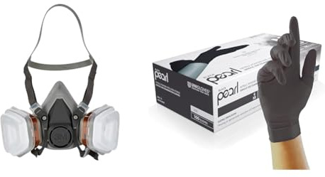3M Spray Paint Respirator Half-mask 6002C with Removable Filters, Protection Level A2P2 against & Unigloves Black Pearl Nitrile Examination Gloves - Multipurpose, Powder Free and Latex Free
