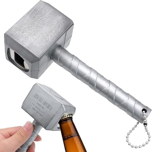 Thor Hammer Bottle Opener, 16cm Wall Mounted Bottle Opener, Beer and Drink Bottle Opener with Keyring for Party, BBQ, Bar, Marvel Lovers (Silver)