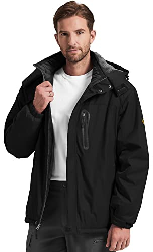 Kugnala Winter-Skijacke für Herren, wasserdicht, warm, Fleecefutter, Berg, winddicht, Regenjacke, S-4XL, Schwarz, 4X-Large