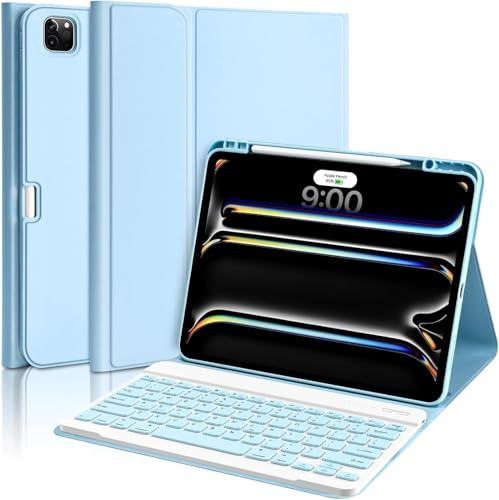 aMZCaSE Keyboard Case pour iPad Pro 13 inch M5/M4(2025/2024) | Clavier sans Fil Amovible avec rétroéclairage 7 Couleurs et Support pour Stylet(Bleu Clair)