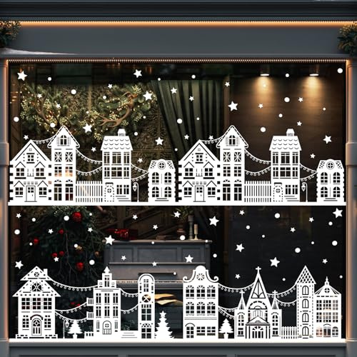 DTYDECLE 10 Blätte Weis Weihnachten Fensterbilder Häuser Fensterbilder | Wiederverwendbare Winter Haus Fensterbilder Selbstklebend Weihnachtsfensterbilder für Xmas Winter Hause Weihnachtsdeko