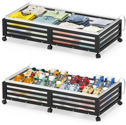 Under Bed Storage with Wheels-Large Bamboo Underbed storage Containers with Large Dust Bag Stackable Under the Bed Shoe Storage Bins for Clothes Books Bedding (2 Packs Black, 33.07L×16.54W× 6.5H)