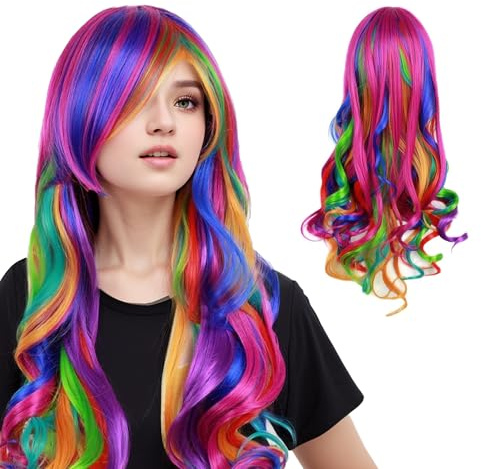 Perücke Bunt Lang Locken, 28 Zoll Frauen Fasching Perücke langes Haar Rainbow gewellt mit Perückenhaube für Alltag, Cosplay, Halloween, Karneval