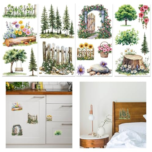 GLOBLELAND 4 Sheets Garden Rub on Transfer for Crafts 11.8x5.9inch Tree Daisy Lily Flower Leaves Transfer Stickers UV Self-Adhesive Wall Art Decals for Bedroom Living Room Desk Table Decoration