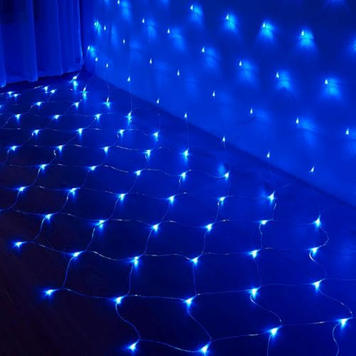 SUAVER Guirlande lumineuse à 96 LED - Filet lumineux étanche à piles - Rideau lumineux décoratif - Lumière de Noël - Rideau de terrasse - Pour sapin de Noël, pelouse, buissons (bleu, 1,5 x 1,5 m)