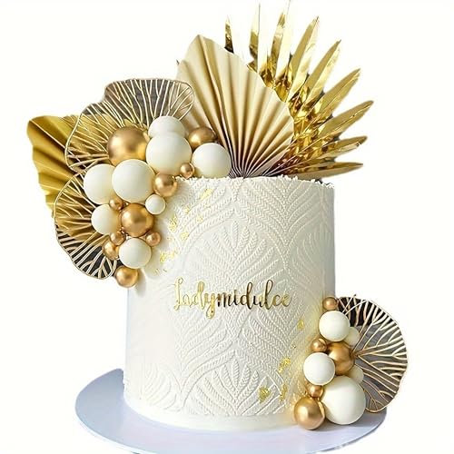 20Pcs Ball Cake Topper Decorations, Gold Foam Balls Cake Decor with 5Pcs Golden Paper Fans, 1Pcs Golden Ginkgo Biloba for Gold Theme Party, Birthday, Anniversary Cake Decor(Golden, White)