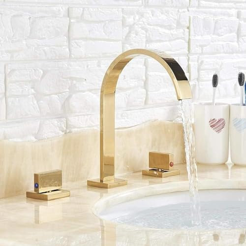 Grifo mezclador dorado para lavabo de baño, doble mango, montado en la cubierta, para lavabo, grifo de agua caliente y fría, con diseño elegante para tocador de baño