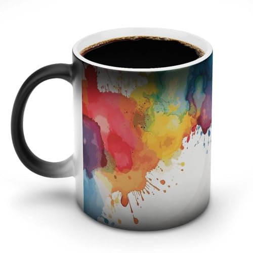 GHENBLT Watercolor Paint Splatters Color Changing Mug Coffee Mug Coffee Cup Funny Mugs Ceramic Coffee Mug Novelty Coffee Mugs Cute Mugs Heat Changing Mug Heat Sensitive Coffee Mugs Large Mug