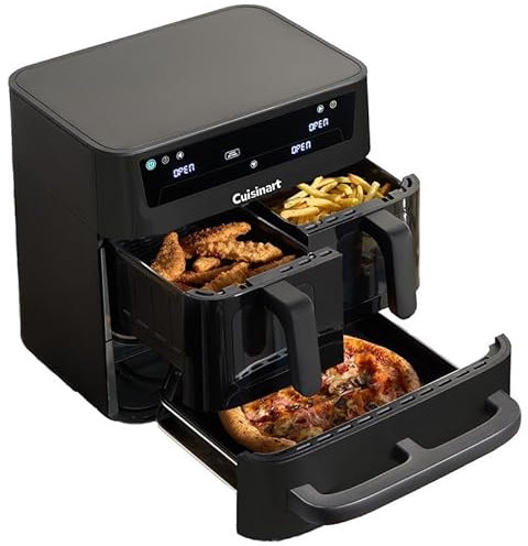 Cuisinart Tri Zone Air fryer et Four 13,6 L | Sans PFAS | 3 zones: 2x4,3 L+5 L | 9 fonctions: airfry, rôtir, griller, four, réchauffer, déshydrater, pizza, pain, manuel | Noir Fenêtre