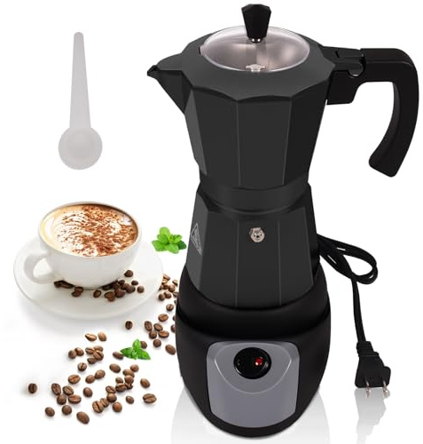 Aluminum Electric Moka Pot 5-6 Cup 270ml Express Coffee Maker Stovetop Espresso Portable Coffeemaker Italian Classic Brewing Greca Cafe Mocha with Removable Base and Overheating Protection Machine