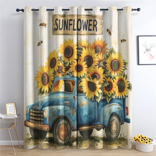 Luxfieo Sonnenblumen Vorhänge Rustikaler Blumenmuster Vorhang Blickdicht Gardinen 200cm Lang Verdunklungsvorhänge mit Ösen Thermovorhang für Wohnzimmer Schlafzimmer Kinderzimmer Fenster Deko 2er Set