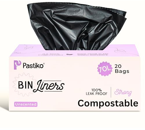 Pastiko 100% Compostable Biodegradable 70L Bin Liners Strong Garbage Bags Extra Thick Leak Proof Black Bin Bags TUV Austria OK Home and Industrial Compostable for Home and Outdoor Use