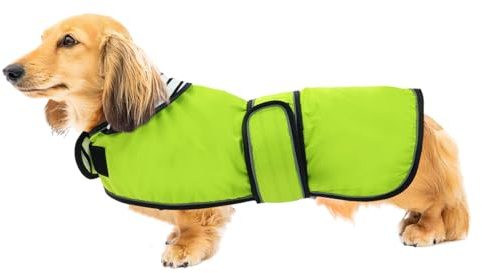 Geyecete Hunde Regenmantel,Einstellbar Wasserdicht Hundejacke für Dackel,Regenmantel mit reflektierenden Trägern,Regenjacken mit Gürtel mit Klettverschluss für Miniaturdackel-Grün-M