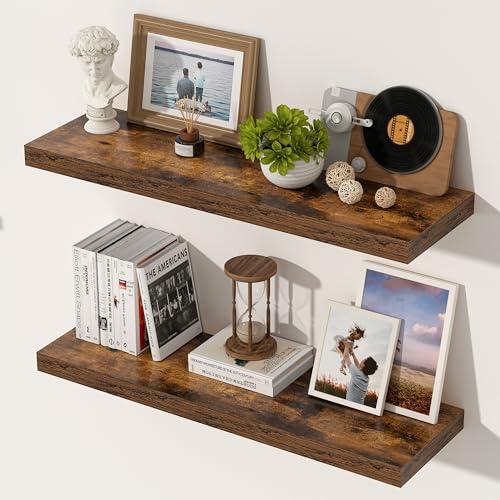 Feihorrm Extra Tiefes 29,5 cm Wandregal Holz, 60cm Wandboard Vintage Braun | 2er Set Schweberegal aus MDF Holz, Regal Wand für mehr Stauraum, Regalbrett für Küche, Wohnzimmer, Schlafzimmer, Badezimmer