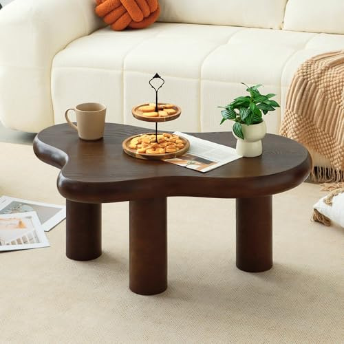 Mordchil HF 34(L) Cloud Coffee Table, Modern Wood Coffee Table for Living Room, Accent Center Tables with 3 Legs, Small Tea Tables for Balcony, Patio, Bedroom, Walnut