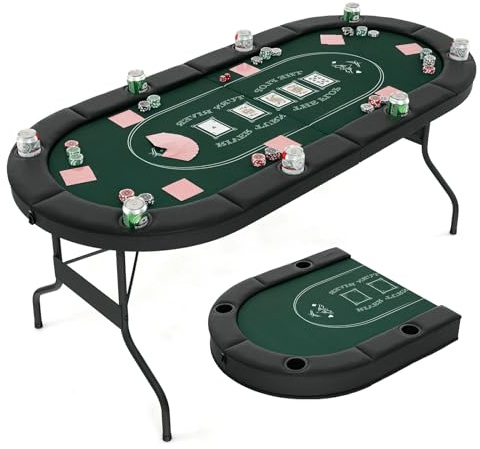 HOMASIS 182 x 82cm Table de Poker Pliable 8 Joueurs, avec 8 Porte-gobelets en Métal, Rampes Rembourrées pour Jeu de Cartes Jeu de Société, Table de Jeu pour Soirée en Famille, Salle de Jeux (Vert)