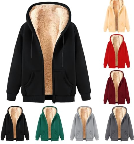 Generisch Damen Fleecejacke mit Kapuze Winterjacke Warm Teddyfleece ReißVerschluss Jacke Wollmantel Einfarbige Bekleidung für Teenager Mädchen Übergangsjacke Drucken Funktionsjacke Große Größen