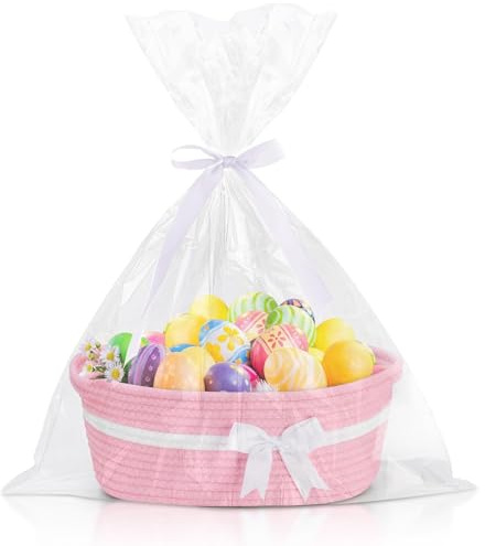 Regerly Geschenkkorb Leer, Geflochten Korb Für Geschenke Mit Geschenkfolie Transparent Und Geschenkschleife Präsentkorb Leer Rosa für Geburtstag Hochzeit Babyparty Erntedank Weihnachten