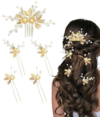WGCHAIE 5 Pcs Horquillas para el Pelo de Novia, Adornos de Pelo para Boda, Tocado Dorado para Novia, Accesorios para El Cabello Femenino, Adecuado para Novias y Damas de Honor