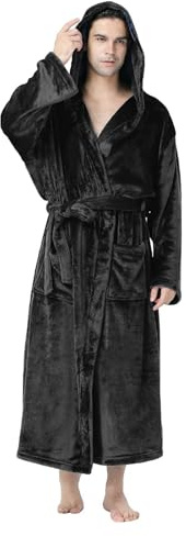 Generisch Peignoir en coton pour homme avec capuche - Long peignoir de sauna - Chemise de nuit épaisse - Poncho de bain - Grande taille - Vêtement de nuit d'hiver avec poches et ceinture, Noir , M