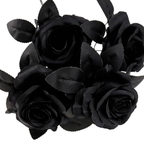 Gdfnmogo Schwarzer Rosenstrauß für Halloween-Dekoration, künstliches Blumenarrangement mit 34 cm Stielen, gruselige Heimdekoration für Spukhäuser, 3 Stück
