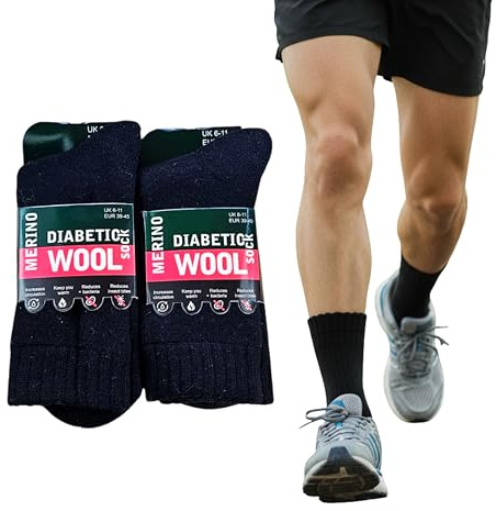 ShopMCR Non-Binding Diabetic Socks for Men (2 Pairs) - Soft Merino Wool Blend, Cushioned & Loose Top for Sensitive Feet - UK 6-11 (2P, BK)