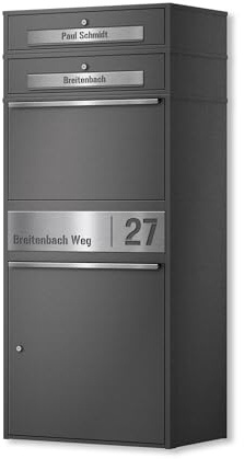 Metzler Bispo Max 2 - Scatola per la posta con 3 cassette per esterni, misura XXL, 3 parti con scomparto per il pacchetto, in ferro DB 703, confezione da 3 pezzi, personalizzabile, in acciaio inox