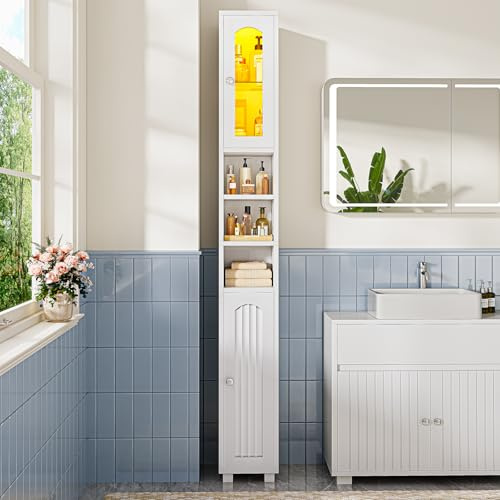 FORABAMB Badezimmerschrank schmal mit LED-Beleuchtung & Glastüren, Badezimmer Schrank mit verstellbaren Ablagen & offenen Fächern,Aufbewahrungsschrank Badschrank für kleine Bäder,19.5x19.5x180 cm,Weiß