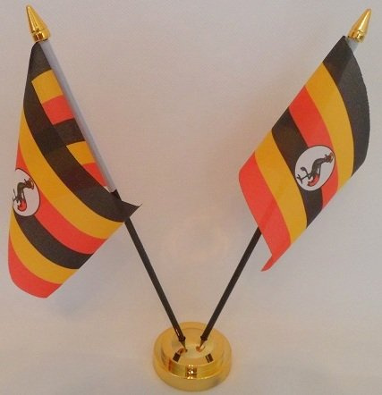 Uganda Ugandan 2 Flag Desktop Table Display With Gold Base