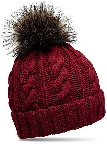 Caspar MU104 Damen Strickmütze mit Fellbommel, Farbe:weinrot, Größe:One Size