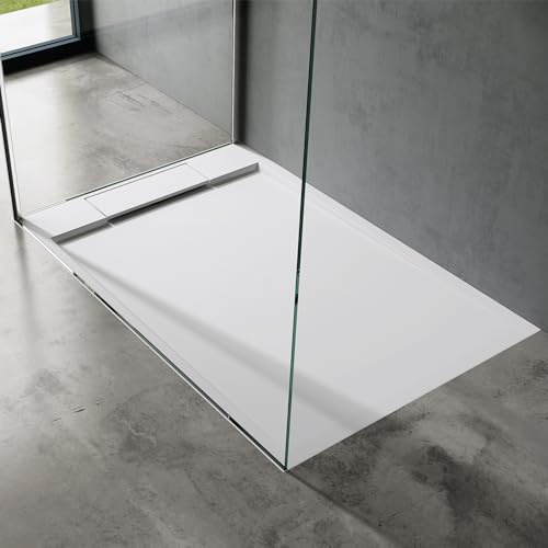 doporro Duschtasse Duschwanne 80x120x4 flach Mineralguss in Weiß | Flache Duschwanne für bodenebene Montage mit DIN-Anschlüssen – stabil & pflegeleicht für moderne Duschen Geoma04
