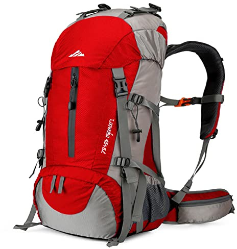 Loowoko Zaino da trekking da 50 l, impermeabile, con copertura antipioggia, leggero (45 + 5 litri), rosso, L