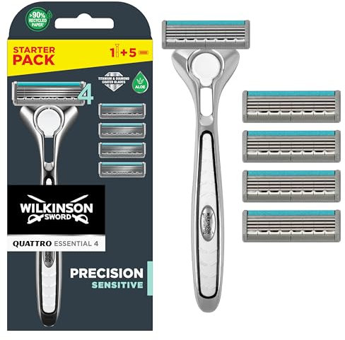 Wilkinson Sword Quattro Titanium Sensitive - Maquinilla de Afeitar con Hojas de Titanio para Hombre + 5 Recambios de Cuchillas de Afeitar de 4 Hojas más 1 Hoja de Precisión Adicional