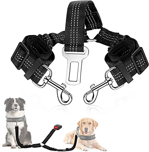 SlowTon Dog Seat Belt, Double Dog Seatbelt Adjustable Vehicle Safety Leash with Elastic Bungee Buffer, Reflective No Tangle Y Shape Two Dog Harness Seat Belt Splitter for Pets Car Trip (Black, M)