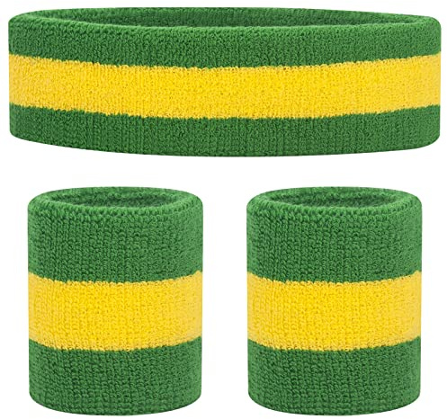 ONUPGO Sweatband Set (3 Pieces) Sports Headband Wrist Striped Sweatbands Terry Cloth Wristband Athletic Exercise Basketball Wrist Sweatband and Headbands Moisture Wicking Sweat Absorbing Head Band