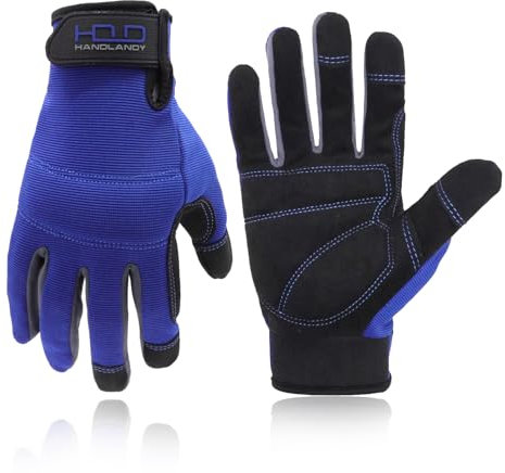 HANDLANDY Herren Touchscreen Arbeitshandschuhe, aus Kunstleder Nützliche Schutzhandschuhe mit Atmungsaktive Elastan Gepolsterte Gelenk & Handfläche,Blau (L)