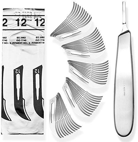 Set - 50 Stück Skalpellklingen Figur 12 aus Karbonstahl - Ersatzklingen einzeln steril verpackt + 1 x May - Skalpell-Halter mit 13,5 cm langem und bauchigem Griff - Edelstahl