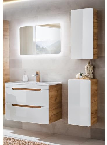 Badezimmer Badmöbel Komplett Set, Hochglanz weiß mit Wotan Eiche Nb., 81 cm Waschtischunterschrank mit Keramik-Waschbecken, 80 cm LED-Spiegel, Hängeschrank, Unterschrank, B/HT ca. 130/200/46 cm