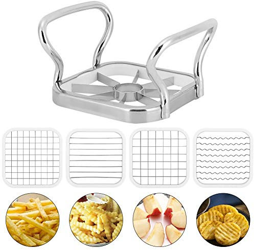Nikou Potatoes Cutter, 5in 1 Stainless Steel Potatoes Fruit Cutter Chipper Chopper Maker Manual Julienne French Fry Tool Multifunctional Kitchen Gadge