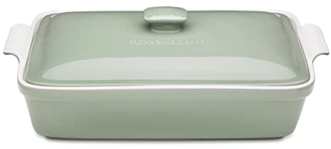 ROSSALLINI Stoneware Casserole Dish Bakeware Set with Lid, Covered Rectangular Dinnerware, Large 3.2 Quart, 11 by 9 Inch, Verde Salvia [Sage Green]