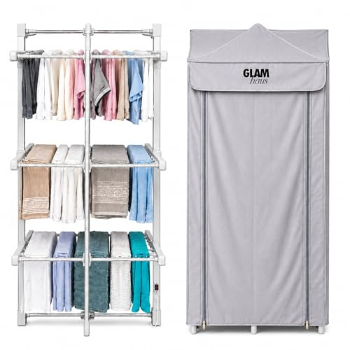 GlamHaus Stendibiancheria elettrico riscaldato in alluminio con copertura per interni – pieghevole per una facile conservazione – design a 3 livelli – solo 220 W