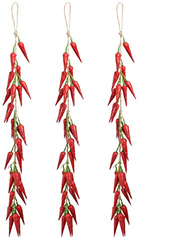 VIOCIWUO 3Pcs Artificial Red Peppers, Simulation Lifelike Vegetable Fake Hanging Chili Pepper String Fruit Garland Vine for Home Kitchen Farm Party Wall Decoration, Red.