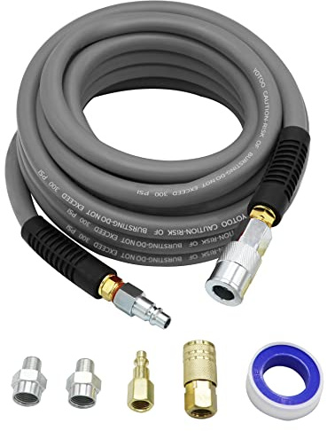 YOTOO Hybrid Air Hose 1/2-Inch I.D. by 25-Feet Long 3/8 inch MNPT Solid Brass Fittings 300 PSI Heavy Duty, Lightweight, Kink Resistant with 3/8 and 1/4 Industrial Quick Coupler Connectors, Gray
