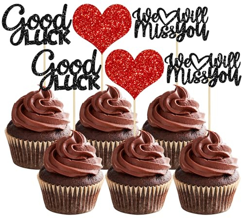 Gyufise 36Pcs We Will Miss You Cupcake Toppers Glitter Red Love Heart Good Luck Cupcake Picks for Retirement Theme Going Away Party Cake Decorations