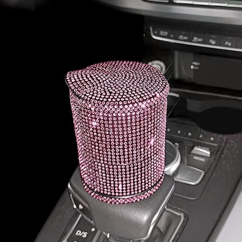 Posacenere per auto con diamante con coperchio e luce LED, portatile, senza fumo, in cristallo, con strass, universale, per auto, casa, ufficio per donne, rosa